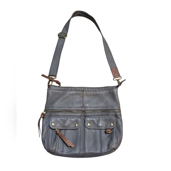 Fossil Morgan Crossbody Traveler Bag Grey Brown Leather Soft Purse - Picture 1 of 11